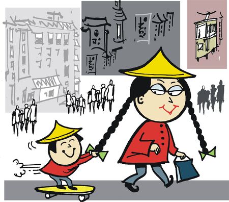 Vector cartoon of Asian woman with child on skateboardのイラスト素材