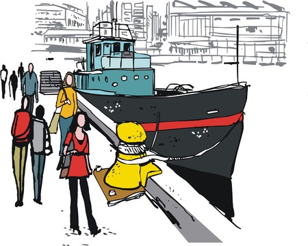 Vector illustration of pedestrians and boat, Wellington New Zealandのイラスト素材