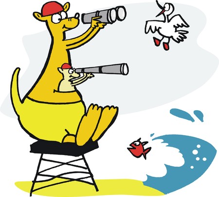 Vector cartoon of kangaroo lifeguard with binoculars at beach.のイラスト素材