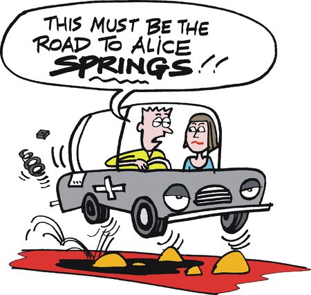 cartoon of couple driving old car in Australian outbackのイラスト素材