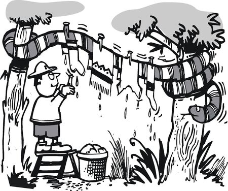 cartoon of African explorer and large snakeのイラスト素材