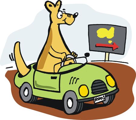 Vector cartoon of kangaroo tourist driving car in outbackのイラスト素材