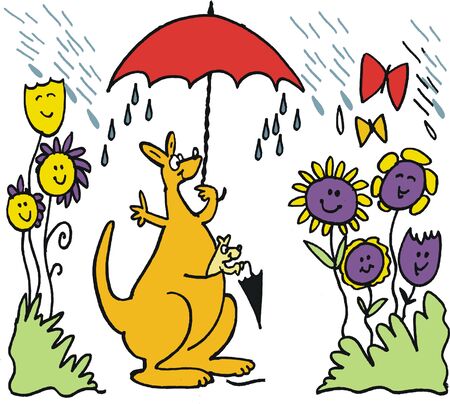 Vector cartoon of happy kangaroo with umbrella in rainのイラスト素材