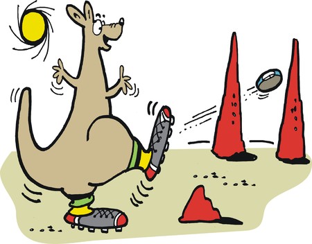 Vector cartoon of kangaroo kicking football in outbackのイラスト素材
