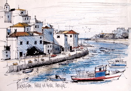 Illustration of old houses and fishing port at Ferragudo, Portugal.の写真素材