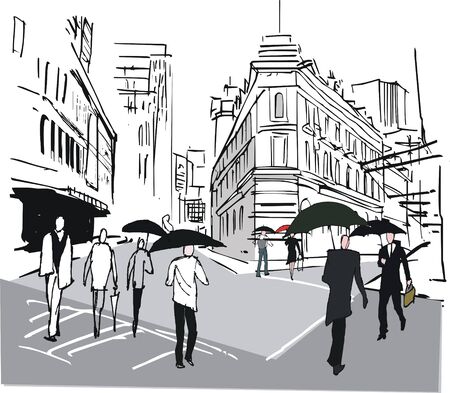 illustration of pedestrians with umbrellas in Wellington New Zealandのイラスト素材