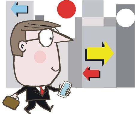 cartoon of happy business man with mobile phone in cityのイラスト素材