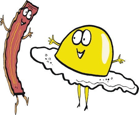 Cartoon of happy  bacon rasher and fried egg dancing.のイラスト素材