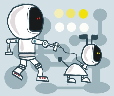 cartoon of robot man taking robot dog for a walkのイラスト素材
