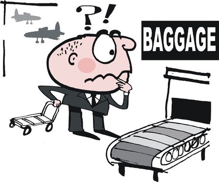 Vector cartoon of upset business man searching for lost luggageのイラスト素材