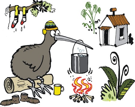Vector cartoon of kiwi bird boiling billy can over camp fireのイラスト素材