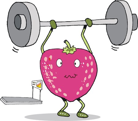 Cartoon of strawberry fruit lifting weightsのイラスト素材