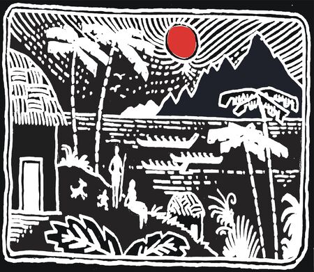 Black and white illustration of native village in South seas.のイラスト素材