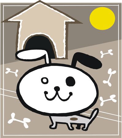 Happy dog cartoon with bones in front of kennel.のイラスト素材