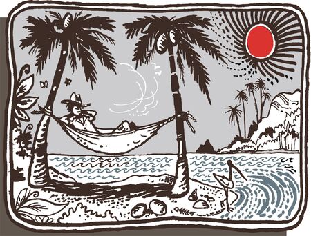 Vector ilustration of man relaxing in hammockのイラスト素材