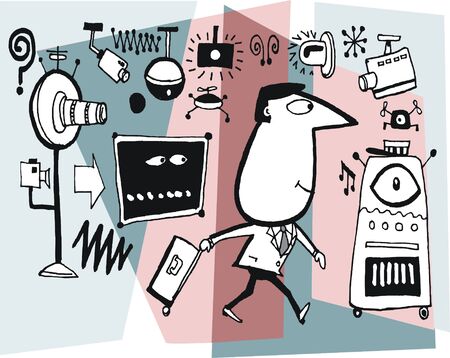 Vector cartoon of man with suitcase and surveillance camerasのイラスト素材