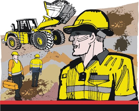Illustration of mining workers with excavator dump truck in backgroundのイラスト素材