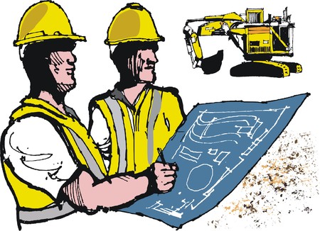 Miners wearing helmets with blueprint illustrationのイラスト素材