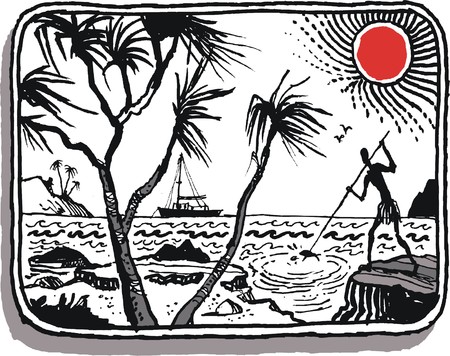 Vector illustration of native using spear to fish from rocks, Vanuatu, South Pacificのイラスト素材