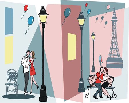 Vector illustration of romantic couples with Paris France backgroundのイラスト素材