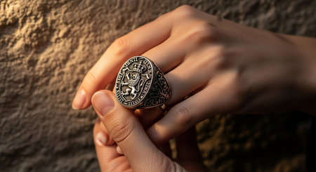 Main tenant une bague chevaliÃ¨re royale avec blason gravÃ©の素材