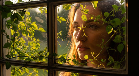 Femme contemplative regardant par une fenÃªtre envahie de plantes.の素材