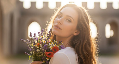 Femme tenant un bouquet de fleurs sauvages au coucher du soleil.の素材