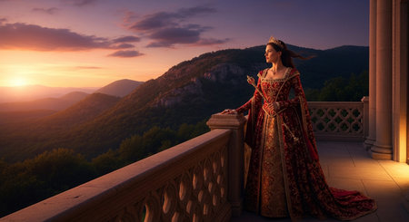 Reine mÃ©diÃ©vale contemplant le coucher du soleil depuis un balcon royal.の素材