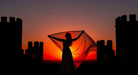 Silhouette d'une femme avec un voile au coucher du soleil devant un chÃ¢teauの素材