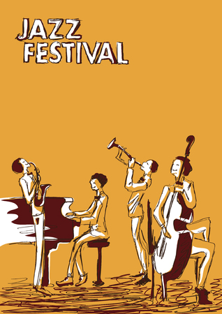 Poster for jazz music festival or concert. Jazz band on orange background.の写真素材