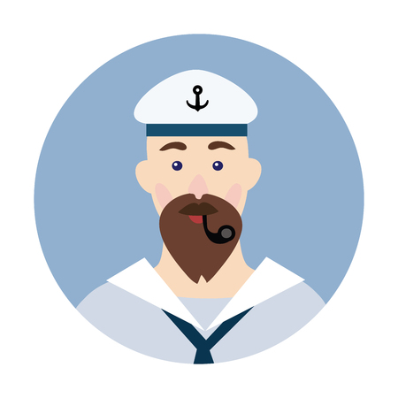 Portrait of a bearded sailor with Smoking pipe in his mouth. Vector illustration, isolated on white background.の写真素材