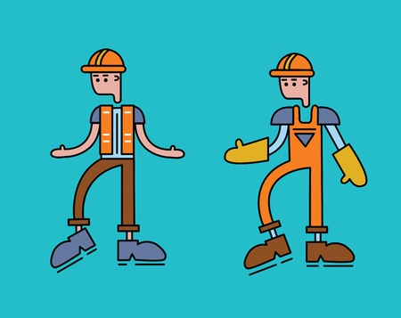 The character of a worker man in overalls, orange uniform. Vector illustration, isolated on white background.のイラスト素材