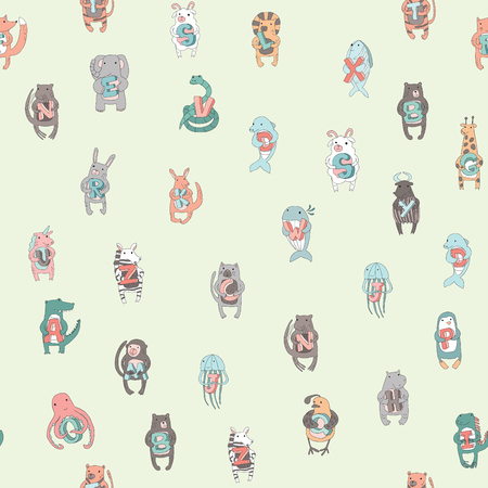 Seamless pattern of childrens alphabet with cute animals. Vector illustration in doodle style.のイラスト素材