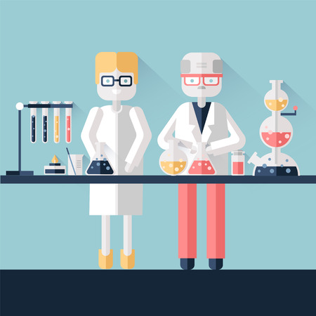 Two scientist chemists in white lab coats in a scientific laboratory. Man and woman make a chemical experiment with substances in test tubes and flasks. Vector illustration in flat style.のイラスト素材