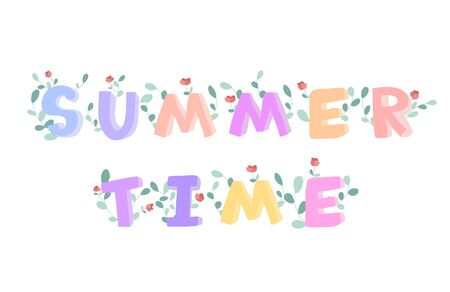 Summer time doodle lettering, decorated with flowers. Vector isolated illustration on white background.のイラスト素材