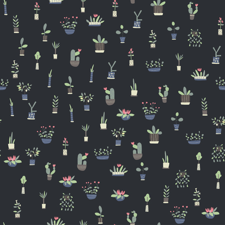 Seamless pattern with indoor plants on dark background. Vector background illustration.のイラスト素材