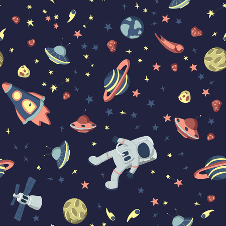 Seamless pattern on the theme of space. Astronaut in open cosmos, space ships and a set of various planets, stars and asteroids. Vector illustration on dark background.の写真素材
