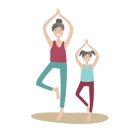 Mother and daughter practicing yoga standing on one leg. Family Sports and physical activity with children, joint active recreation. Vector illustration in flat style, isolated on white background.のイラスト素材