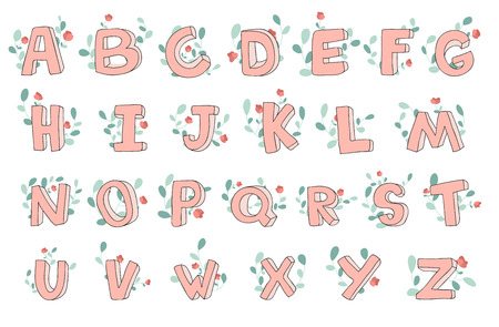 Vector Hand-drawn cute alphabet with floral decoration. 3D doodle letters. ABC font for kids.のイラスト素材