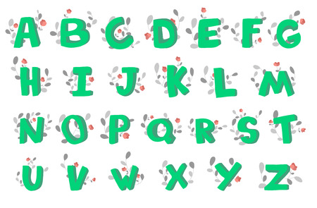 Hand-drawn 3d doodle alphabet, decorated with flowering plants. Vector font illustration on white backgrounds.のイラスト素材