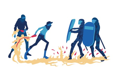 Street riots and protests. Protesting men with a Molotov cocktail are confronting the police. Vector illustration, isolated on white background.のイラスト素材