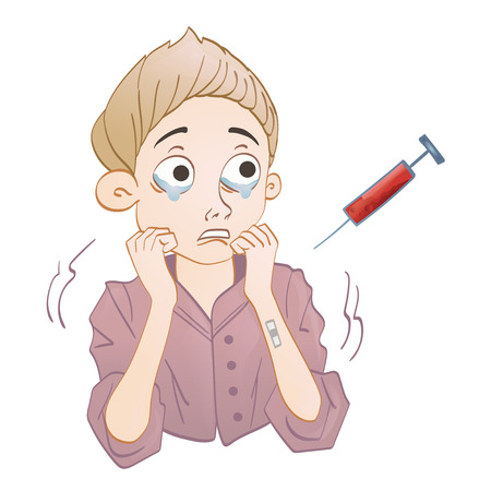 Hematophobia, abnormal and persistent fear of blood. Scared boy and syringe with blood. Vector illustration, isolated on white background.のイラスト素材