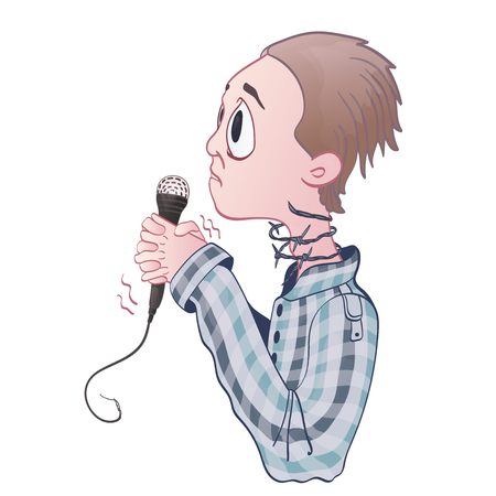 Fear of public speaking, glossophobia. Excitement and loss of voice. Young man with microphone and barbed wire on neck. Vector illustration, isolated on white background.のイラスト素材