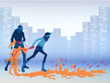 Radical young men with Molotov cocktails on a city street. Riots, street protest. Vector illustration.のイラスト素材