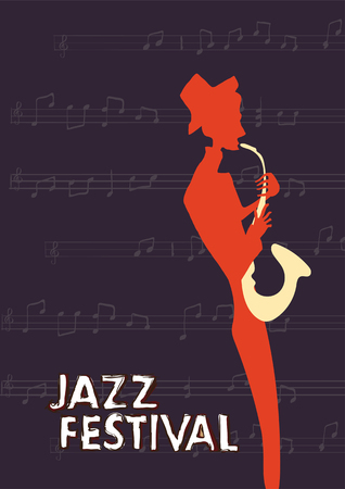 Poster for jazz music festival or concert. The musician plays the saxophone on dark background.のイラスト素材