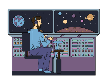 The pilot controls a space ship in space. Vector illustration.のイラスト素材