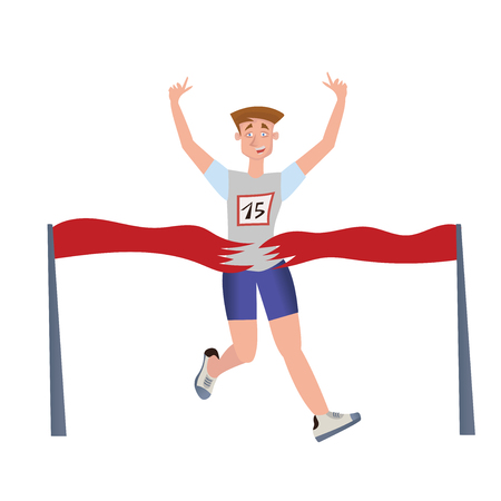 Finishing runner man. Athlete, marathon winner. Vector illustration isolated on white backgroundのイラスト素材