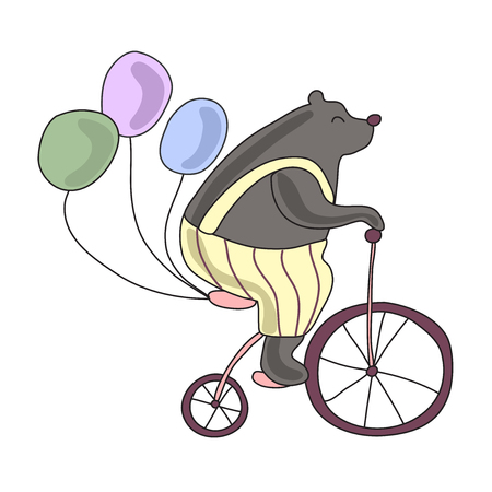 Cute circus bear riding a Bicycle with balloons. Vector illustration, isolated on white background.のイラスト素材