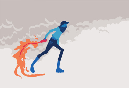Radical young man with Molotov cocktails, fire and smoke. Riots, street protest. Vector illustration, poster with copy space.のイラスト素材