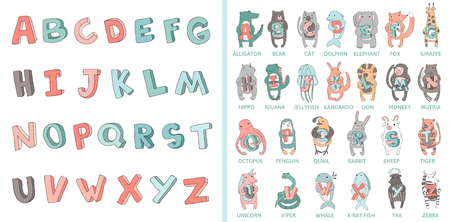 Hand-drawn alphabet, font, letters. Doodle ABC for kids with cute animal characters. Vector illustration, isolated on white background.のイラスト素材